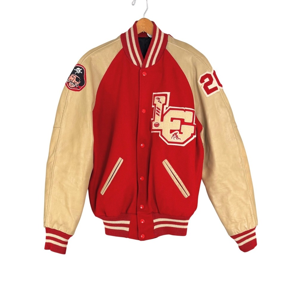 Vintage‎ Diamond Sports Tom Crowl Letterman Jacket Red Wool Tan Leather Size 44